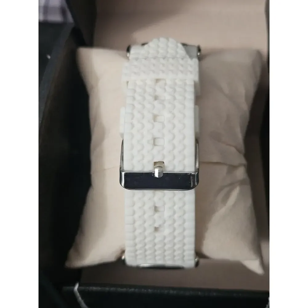 53.1mm LARGE Quartz Analog Watch Metal Tone with white Silicone bullet band